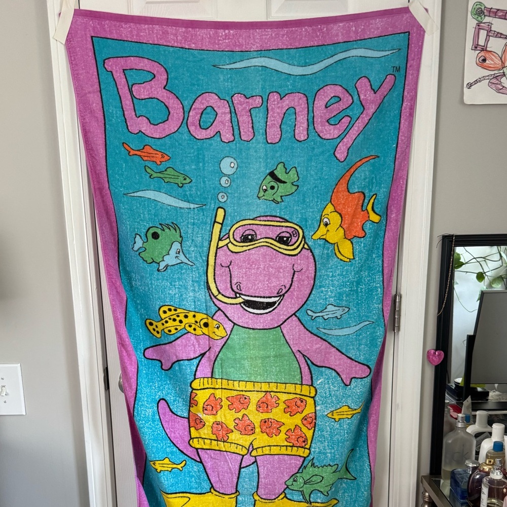 Vintage (1992) Barney Kids Swim Towel - Purple and Blue